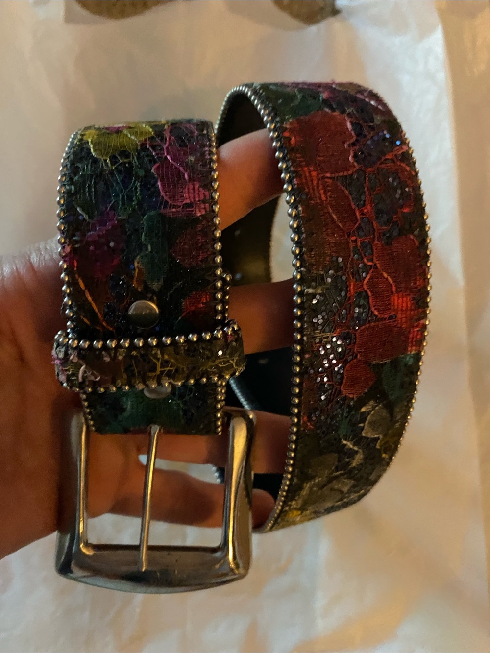 Absolutely Fresh Floral Embossed Leather Belt in Red, Green, Purple